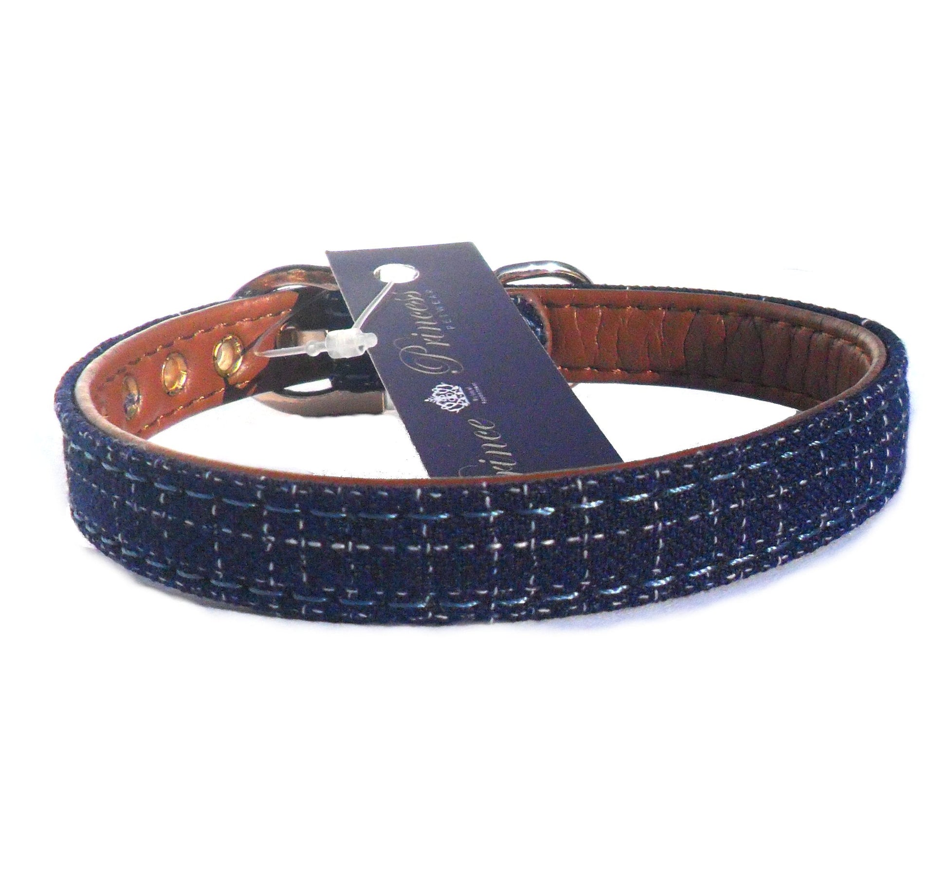 Blue Fabric & Brown Faux Leather Collar-2