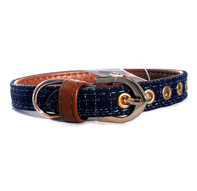 Blue Fabric & Brown Faux Leather Collar-1