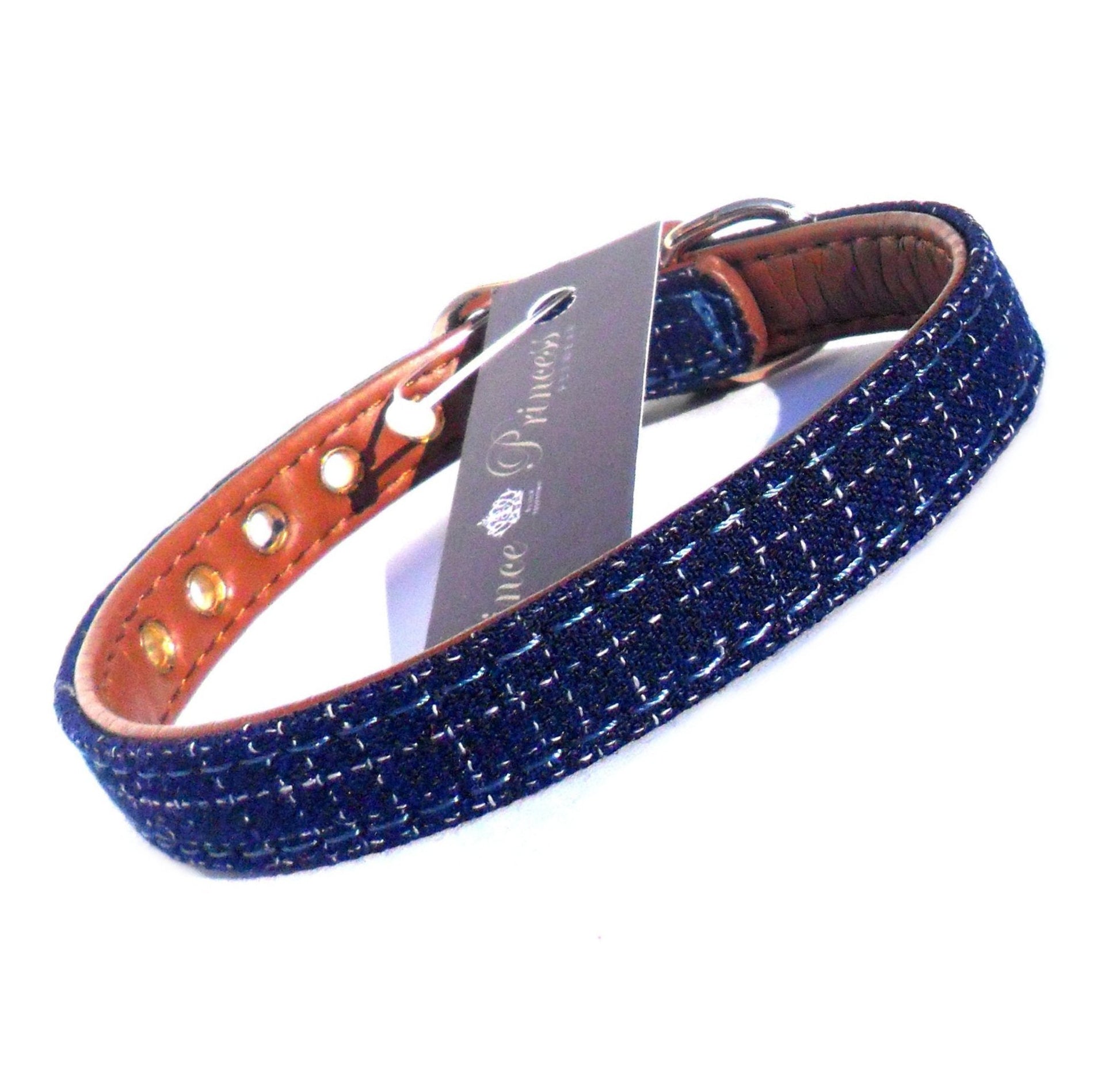 Blue Fabric & Brown Faux Leather Collar-0